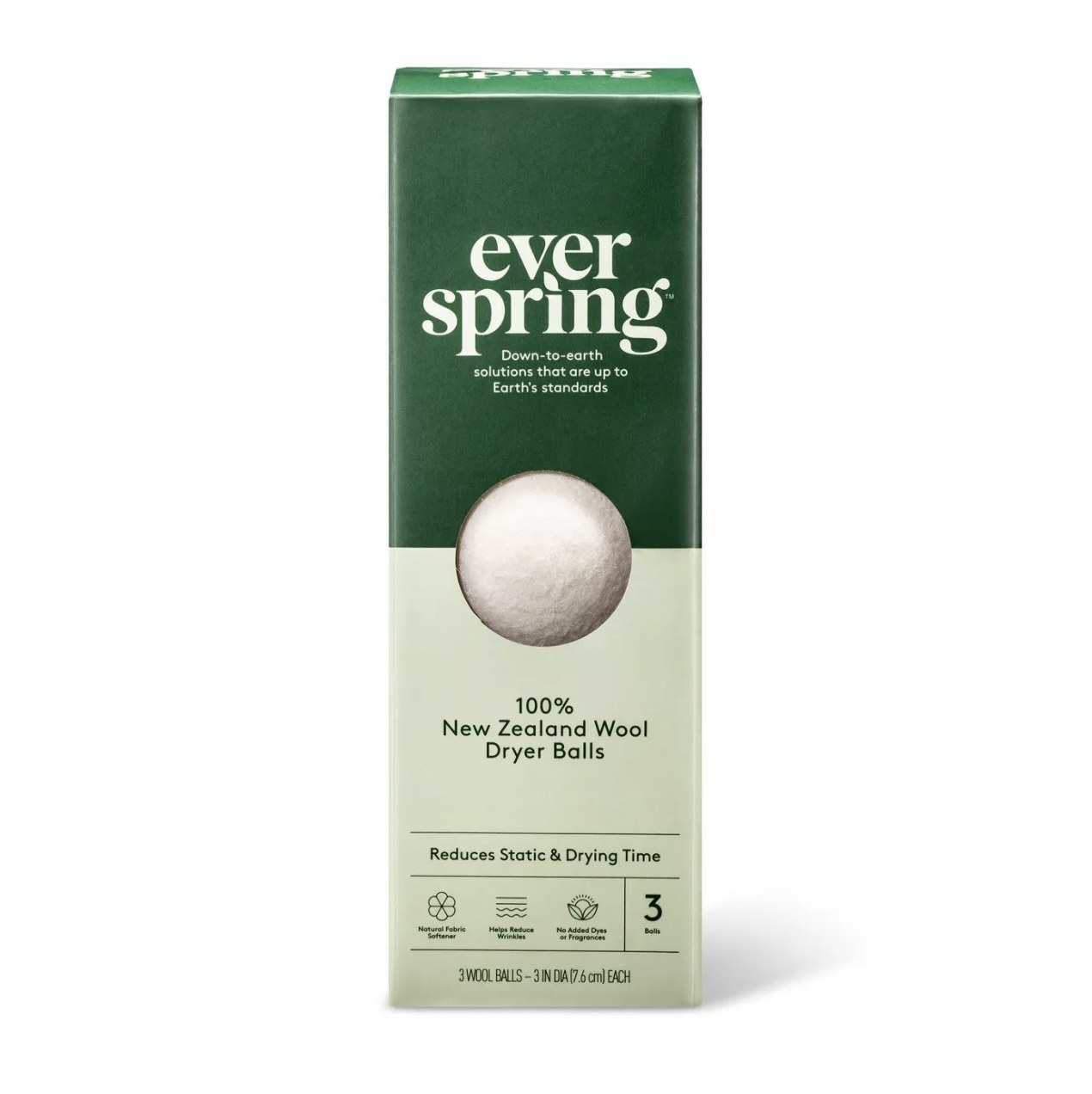 A box that says &quot;ever spring&quot; and is split into dark green and light green with a white wool dryer ball showing