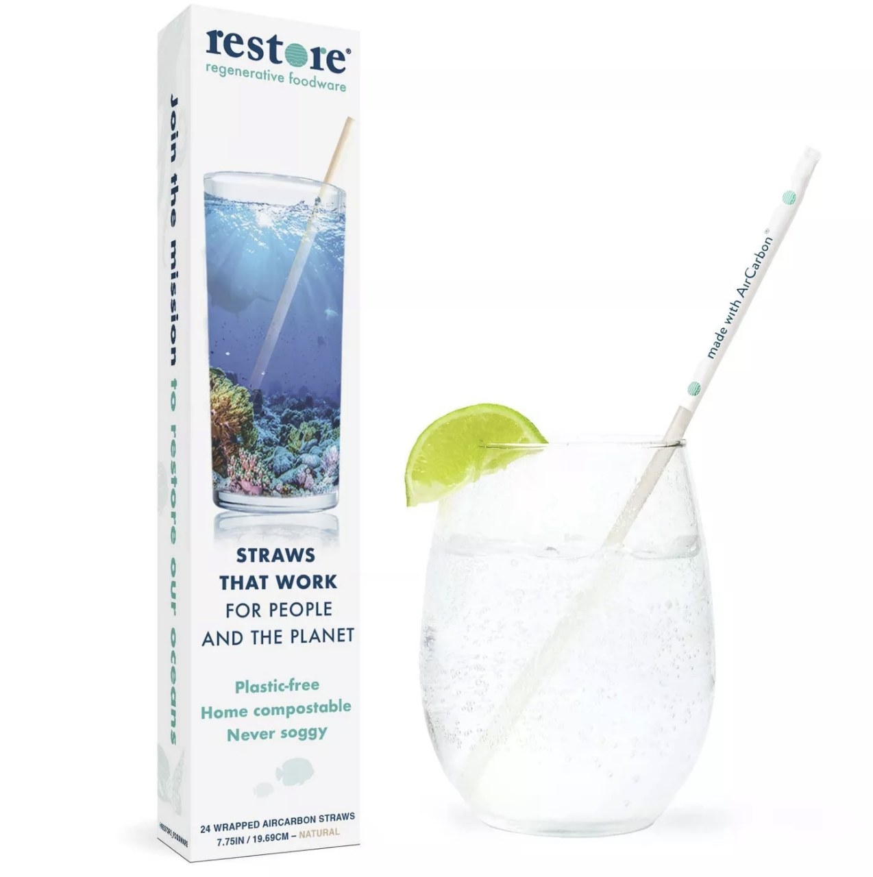 The straw says &quot;made with AirCarbon&quot; and is in a fizzy drink with a lime next to a package of the straws that says &quot;restore regenerative foodware&quot;
