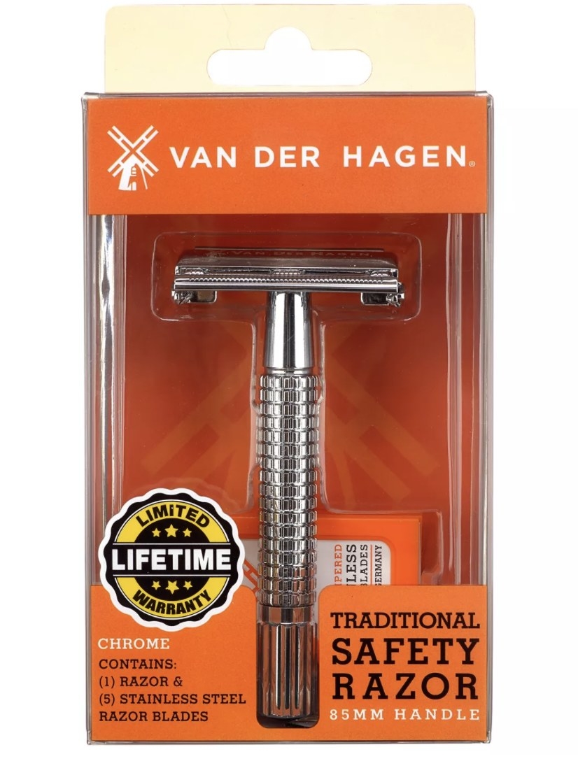 The shiny silver razor is in an orange plastic box that says &quot;VAN DER HAGEN&quot;