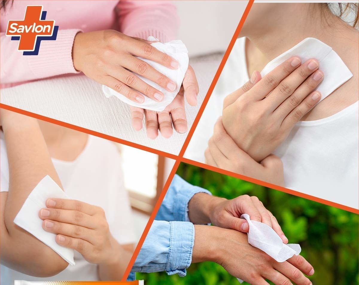 4 images showing the wet wipes being used to wipe a persons hand, wrist, neck and elbows