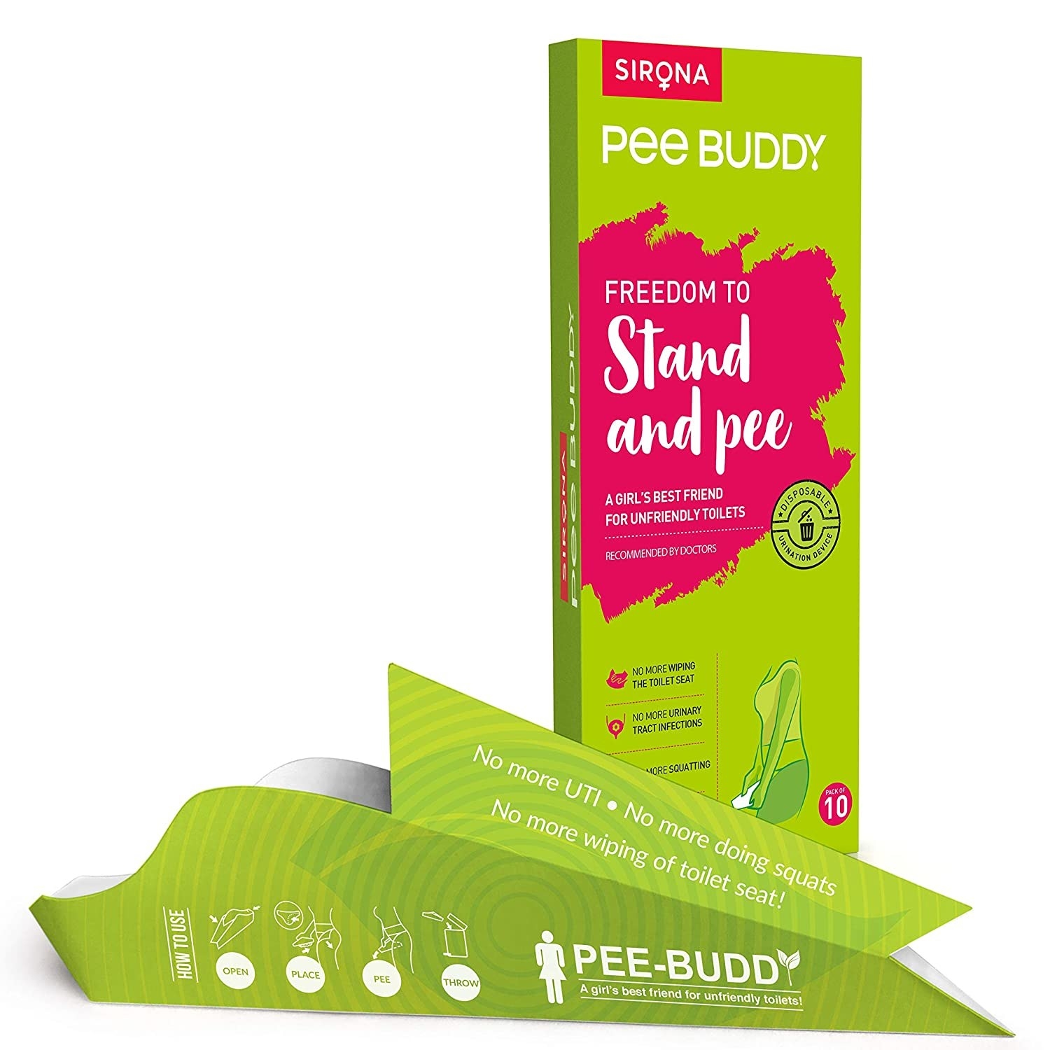 A disposable stand and pee funnel for ladies in green kept beside the box