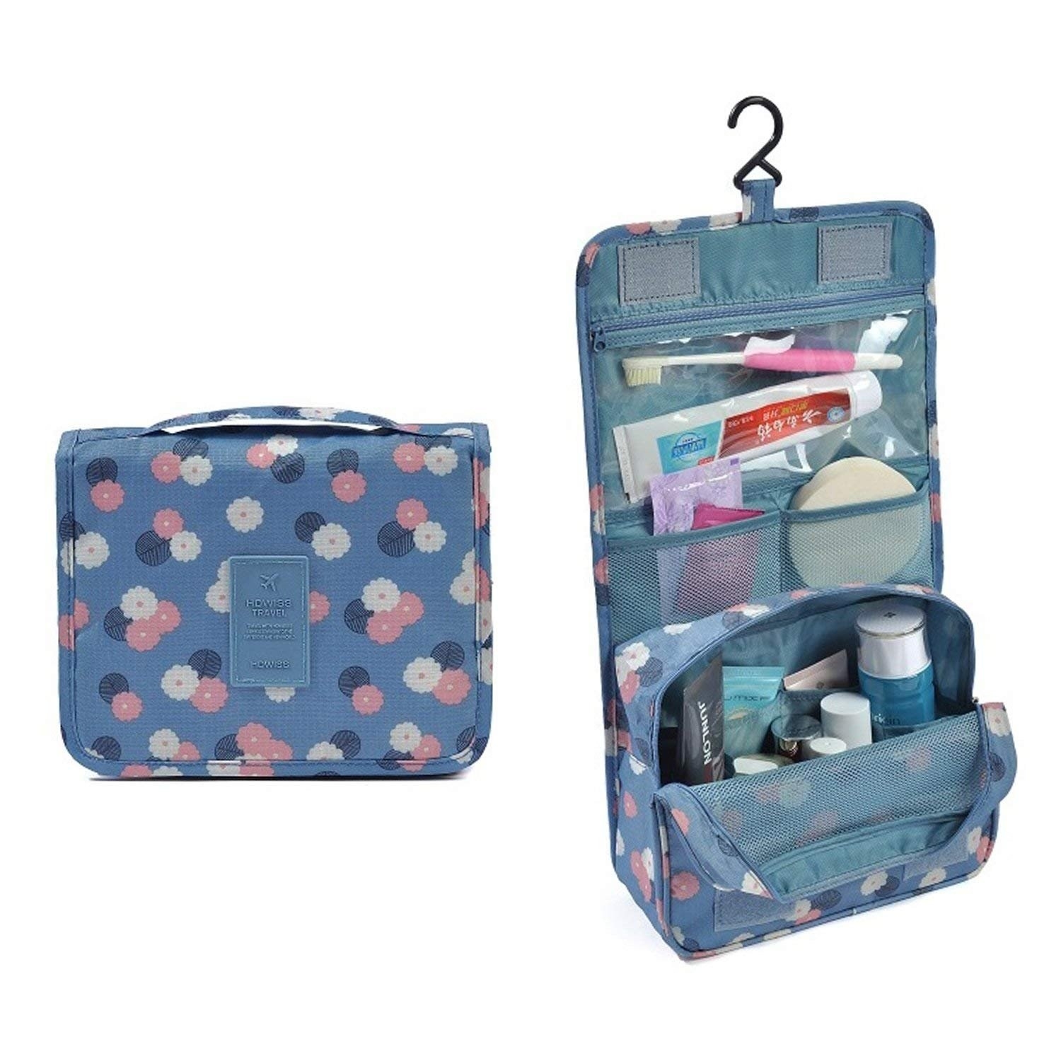 A blue portable multipurpose travel kit with flowers printed on it along with essentials kept inside that can be folded or hung from a hook