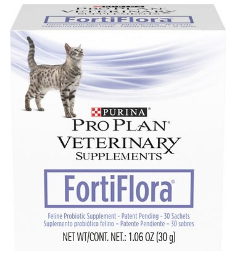 A box of Purina Pro Plan FortiFlora probiotic supplements