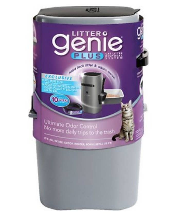 A grey Litter Genie cat litter disposal system
