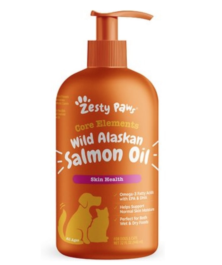 A bottle of Zesty Paws Wild Alaskan Salmon Oil for skin and coat health