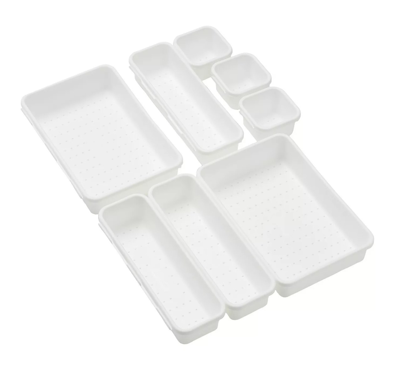The eight white interlocking bins are all different sizes and have simple dotted lines