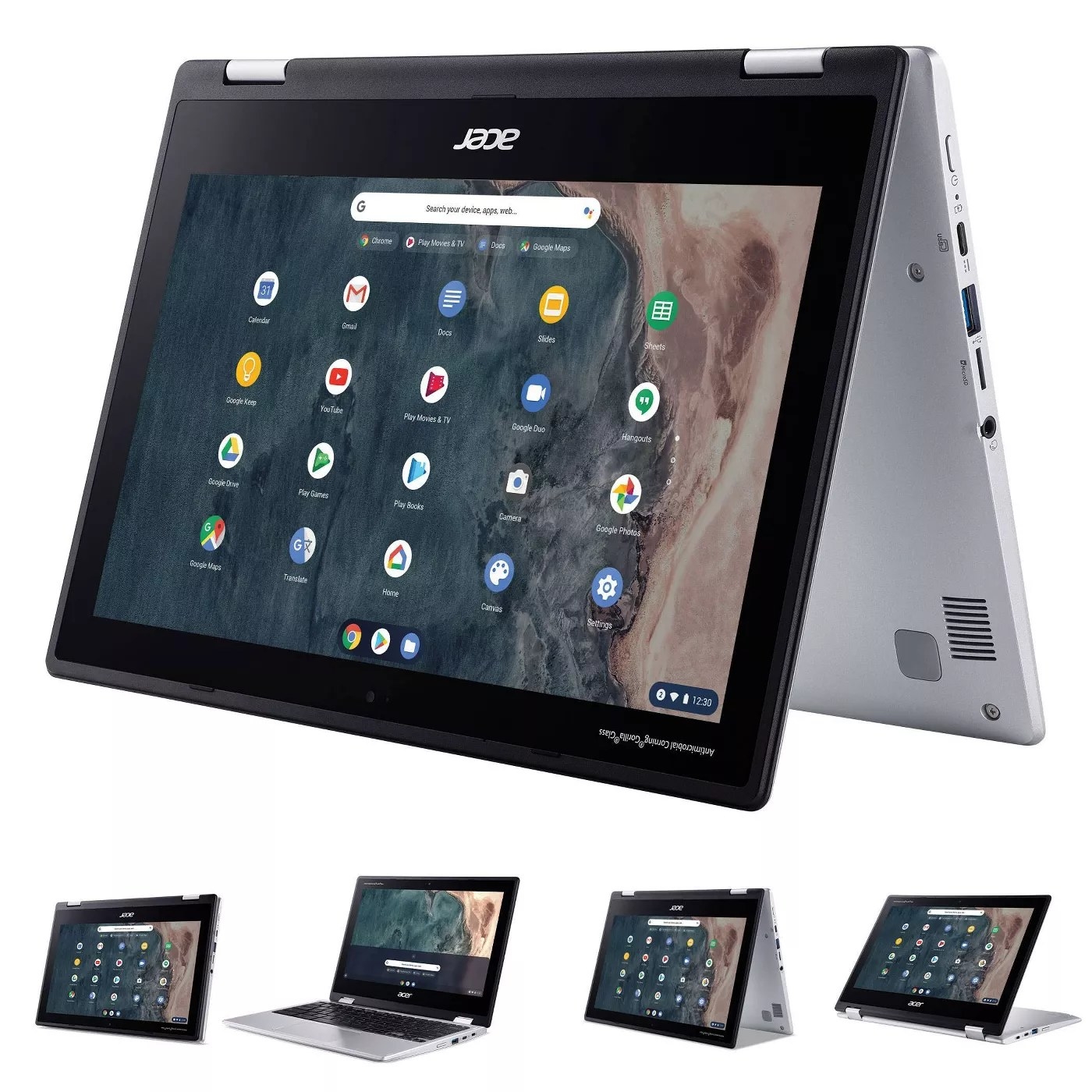 The Acer laptop reconfigured into a tablet, a tent, a stand-up display, and a notebook