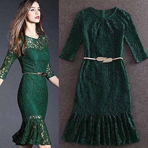 2 images showing a green lace dress adorned with a gold leaf stretchy belt and a woman wearing the dress and belt