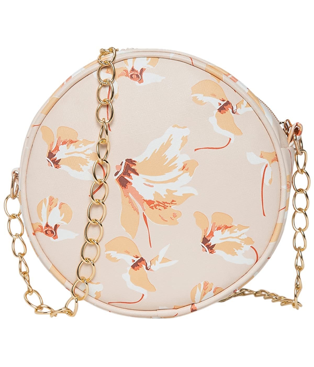 A round beige sling bag with a golden chain for a strap and a floral design on the body