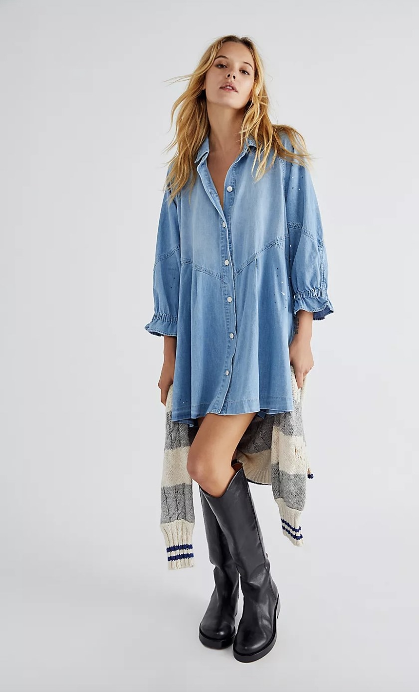 the denim dress in folky blue paired with a cardigan and black boots