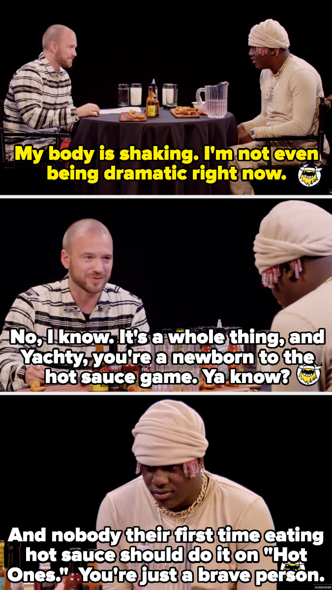 Lil Yachty giving up and Sean telling him he&#x27;s a &quot;brave person&quot; for trying hot sauce for the first time on the show
