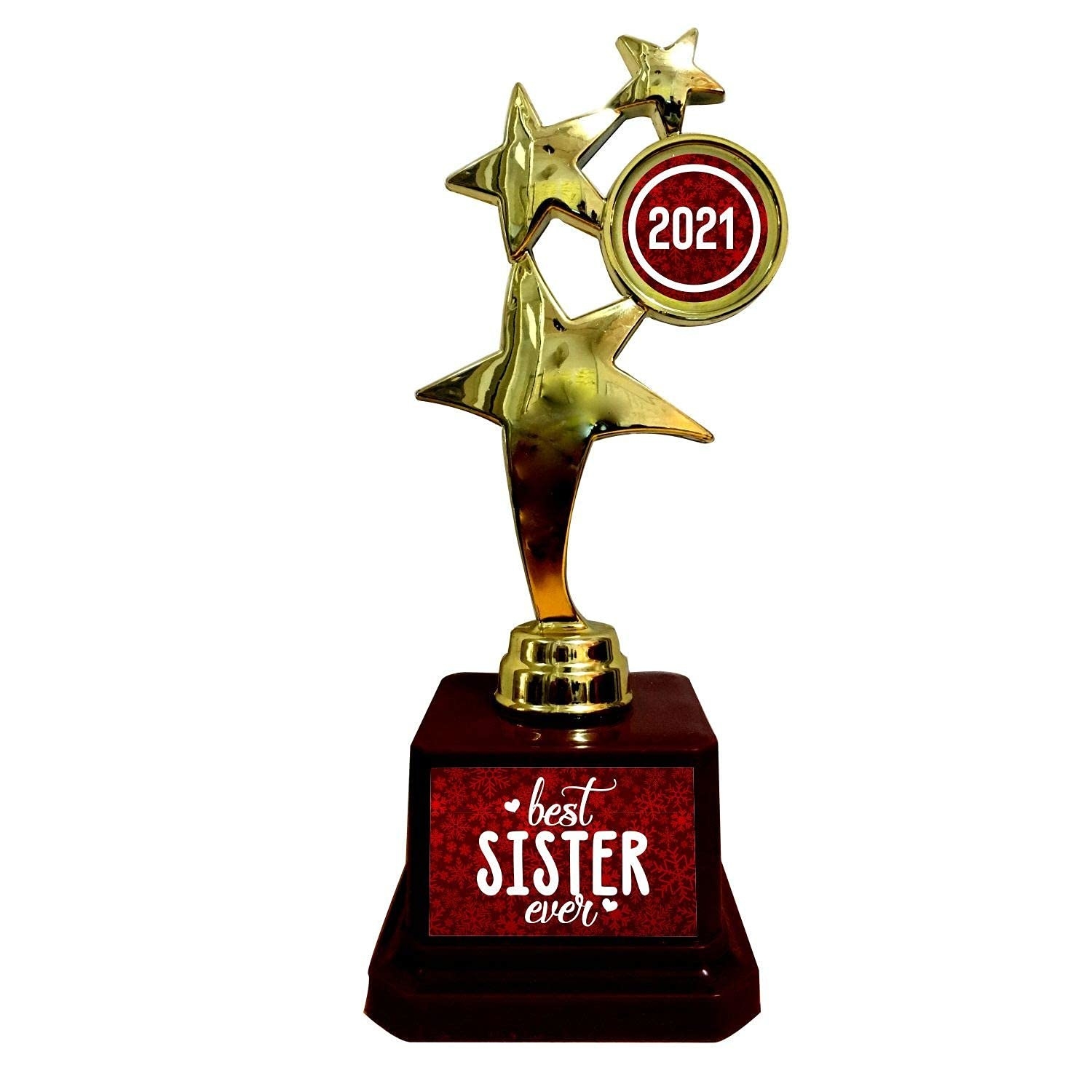 A star-shaped golden trophy with the words &#x27;Best Sister Ever&#x27; written in white on a red background below