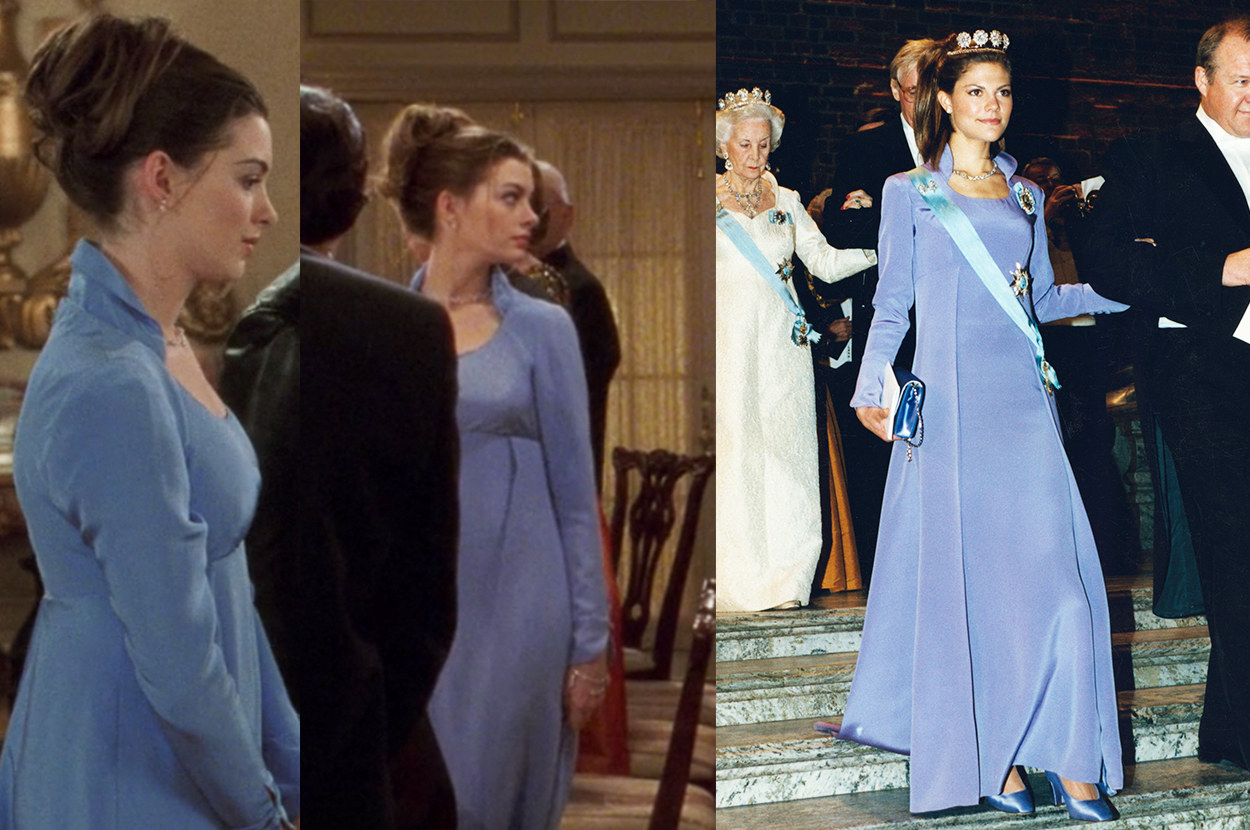 the stately gown Mia wore to a formal dinner with the queen is modeled after Princess Victoria&#x27;s long-sleeved, collared gown