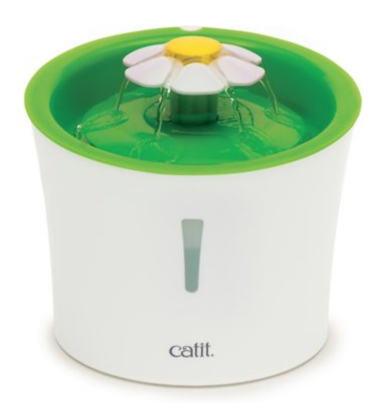 A green/white/yellow flower water fountain for cats