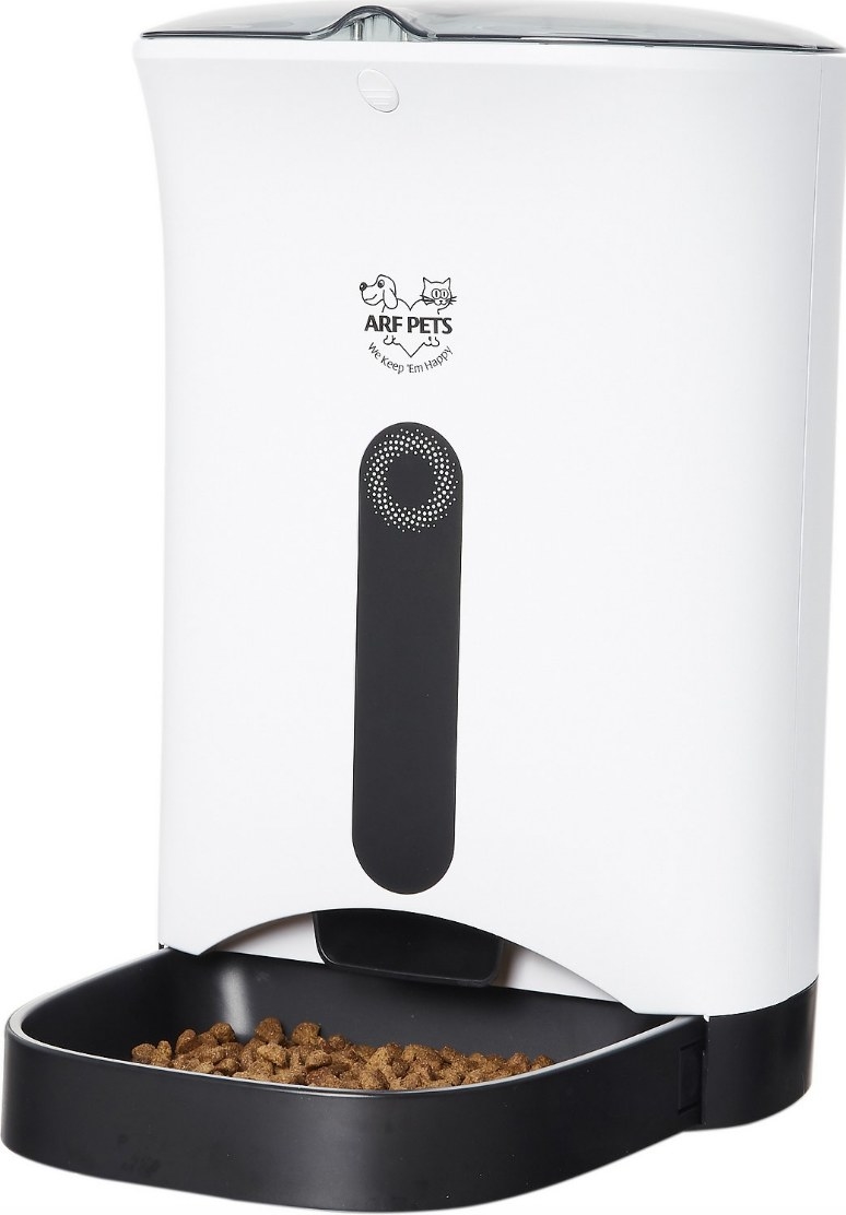 A white/black, automatic pet food feeder