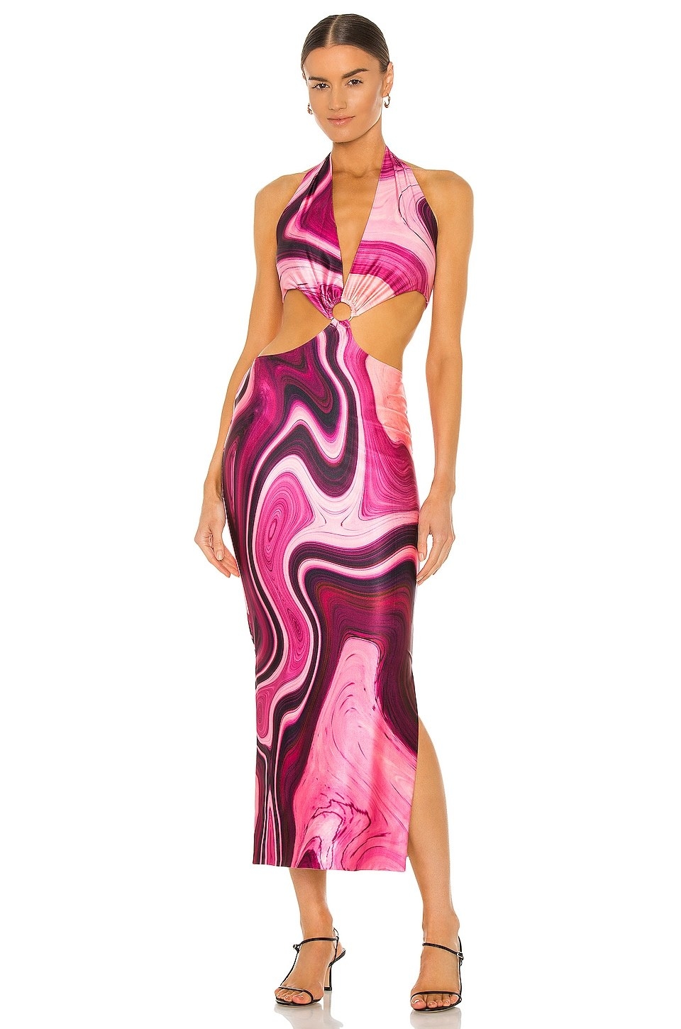 model wearing the pink marbled cut out dress