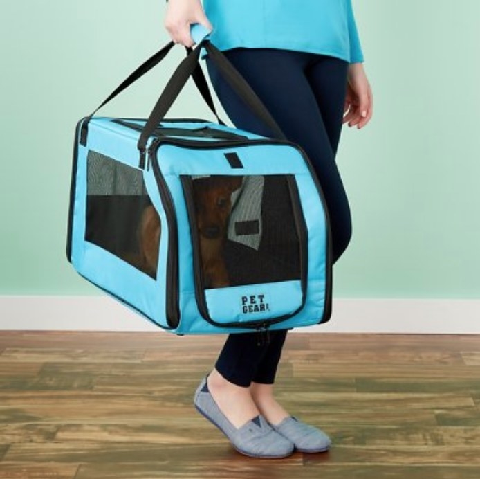 A model holding a blue/black pet carrier travel bag