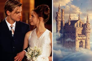 leonardo dicaprio and claire danes getting married on the left and a castle in the clouds on the right