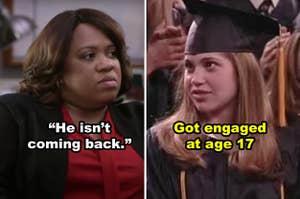 Side-by-side of Dr. Bailey in "Grey's Anatomy" and Topanga at graduation in "Boy Meets World"