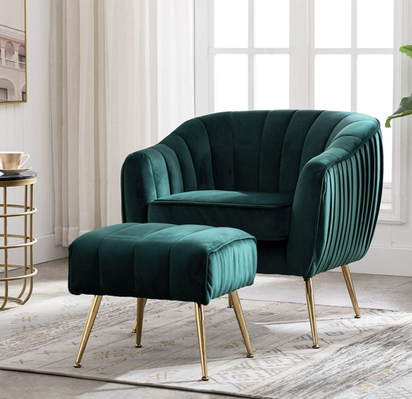 Velvet tufted chair and ottoman in green