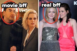 On the left, Kristen Stewart's movie BFF is Dan Levy. On the right, Stewart's actual BFF is actor Dakota Fanning