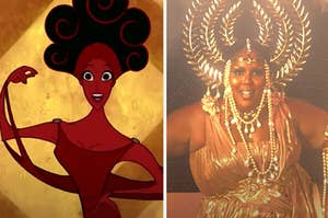 A muse in a Hercules screenshot is on the left with Lizzo in a crown on the right