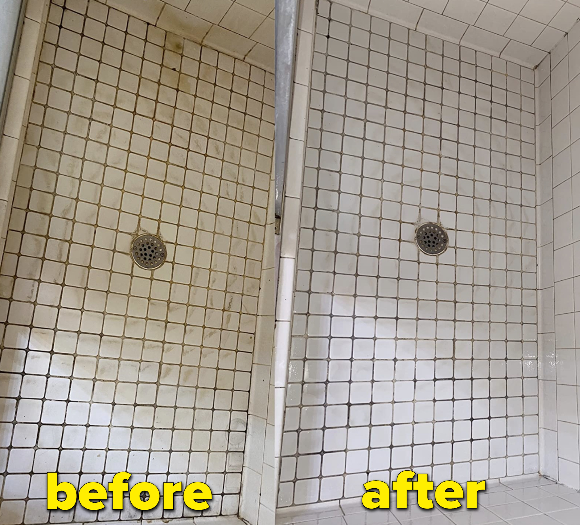 on the left a reviewer&#x27;s shower tile looking dirty and on the right the same tile floor looking cleaner after using the product