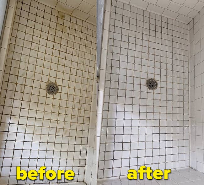 on the left a reviewer's shower tile looking dirty and on the right the same tile floor looking cleaner after using the product