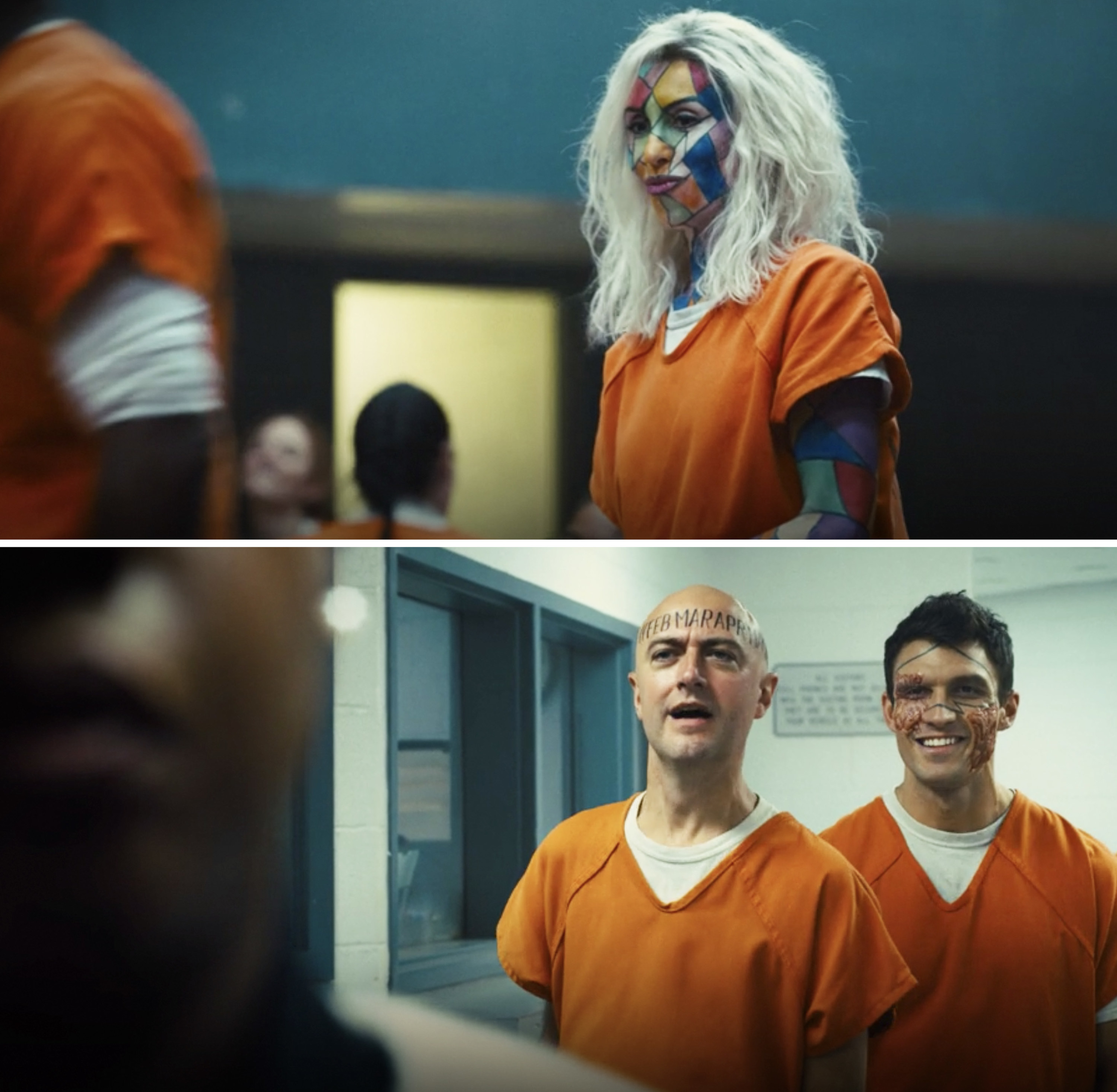 Kaleidoscope, Calendar Man, and Double Down in orange prison outfits