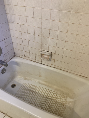 a reviewer's shower walls and bath floor looking dirty