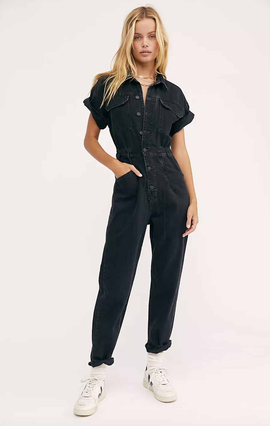 the coveralls on a model in iron black