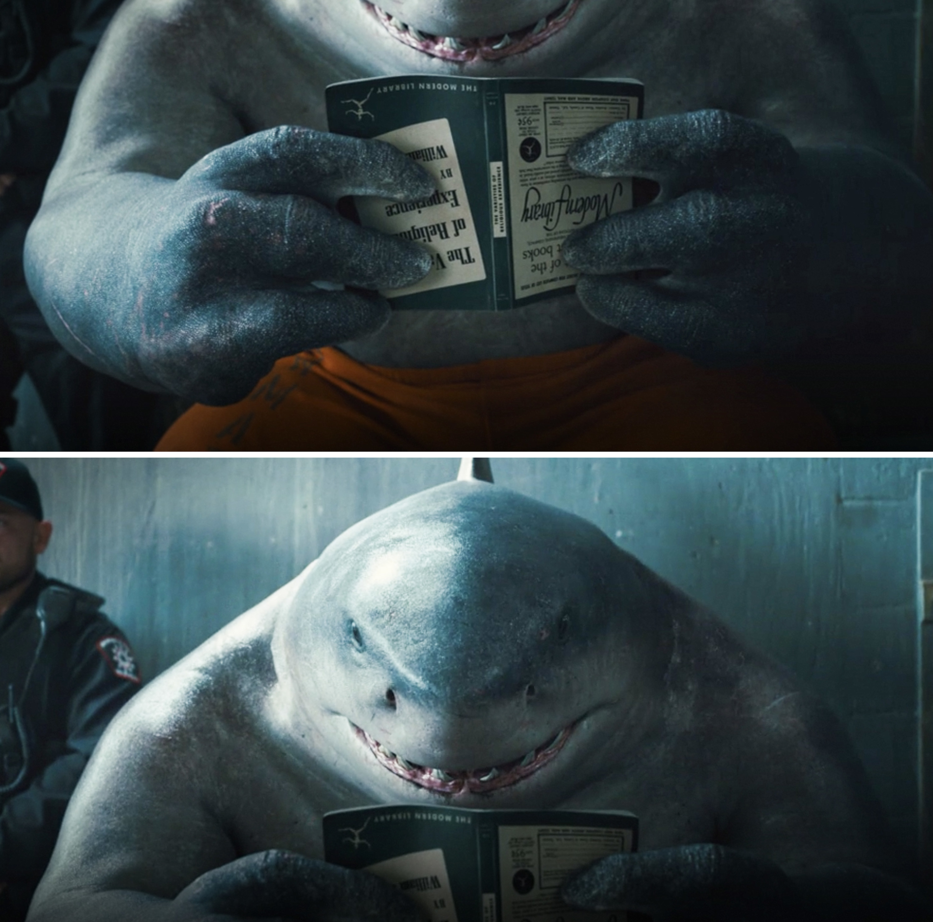 King Shark reading a book upside down