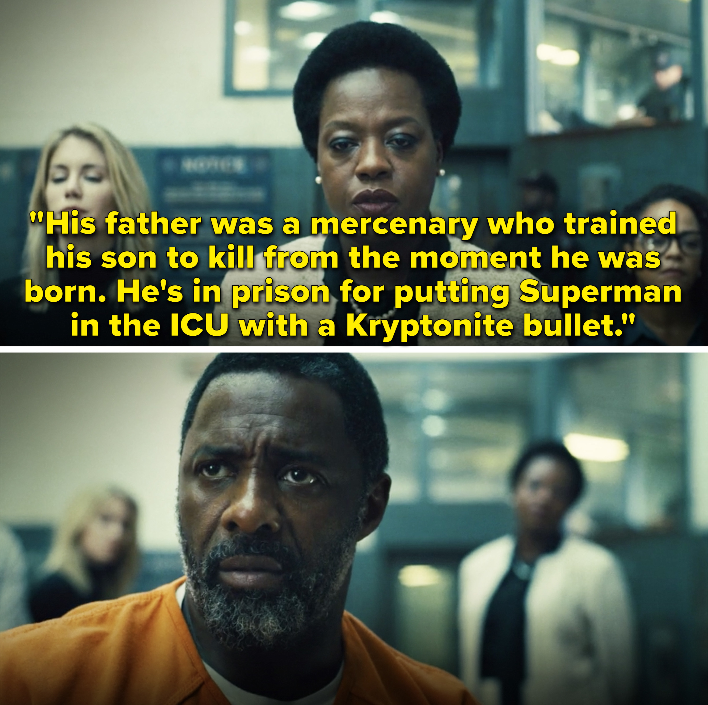 Amanda saying, &quot;He&#x27;s in prison for putting Superman in the ICU with a Kryptonite bullet&quot;