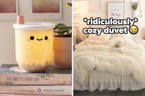 bubble tea lamp and furry duvet