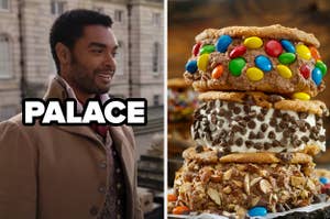 A Duke in front of a palace is labeled, "palace" with a stack of ice cream sandwiches on the right