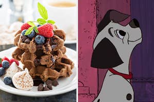 chocolate waffles next to an animated puppy