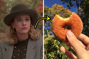 sally from when harry met sally on the left and an apple cider donut on the right