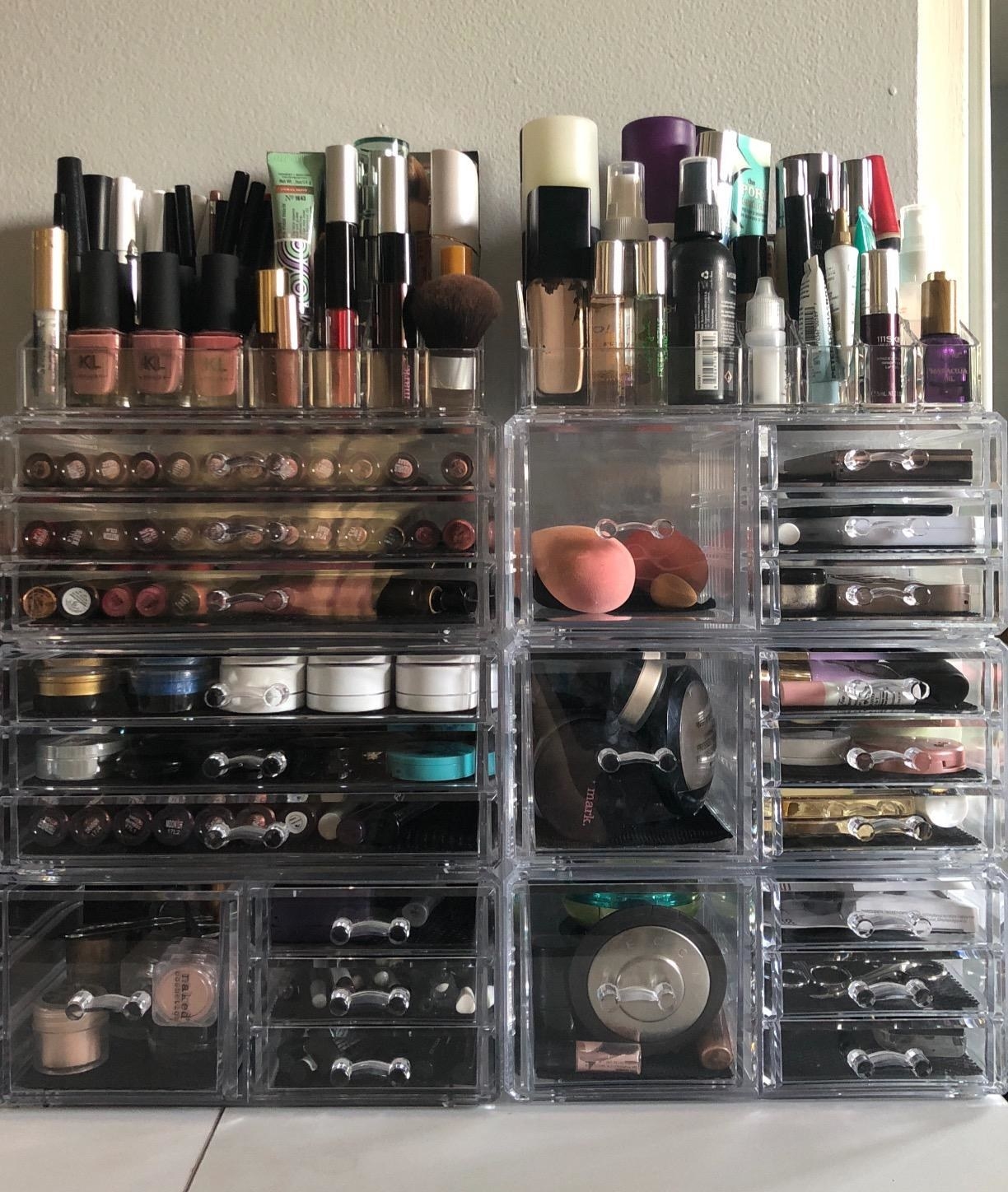The acrylic organizers on a vanity