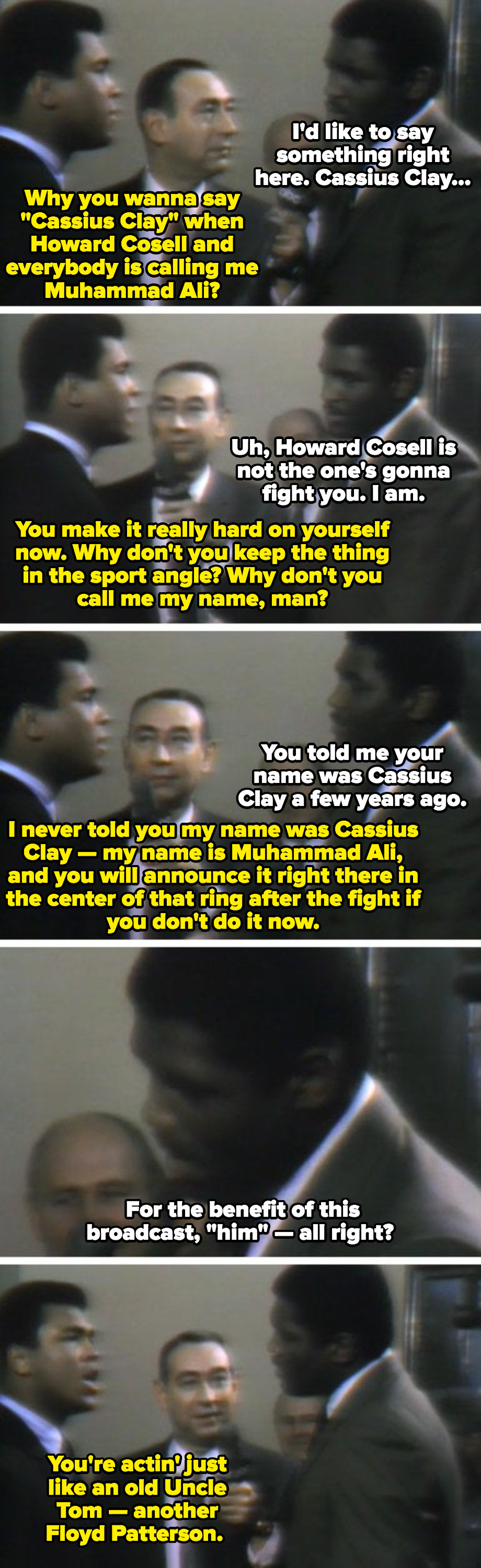 Muhammad Ali and Ernie Terrell having an argument during a TV broadcasting about Ali&#x27;s name, and why Terrell refused to call him by it