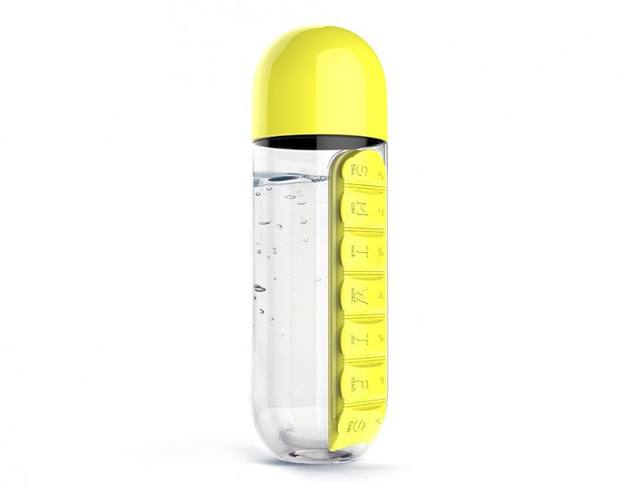 The pill organizer and water bottle combo in a bright yellow