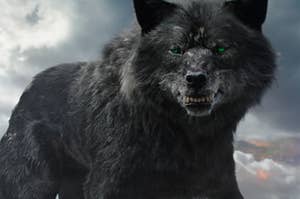 A close up of Fenrir the giant wolf as it bares its teeth