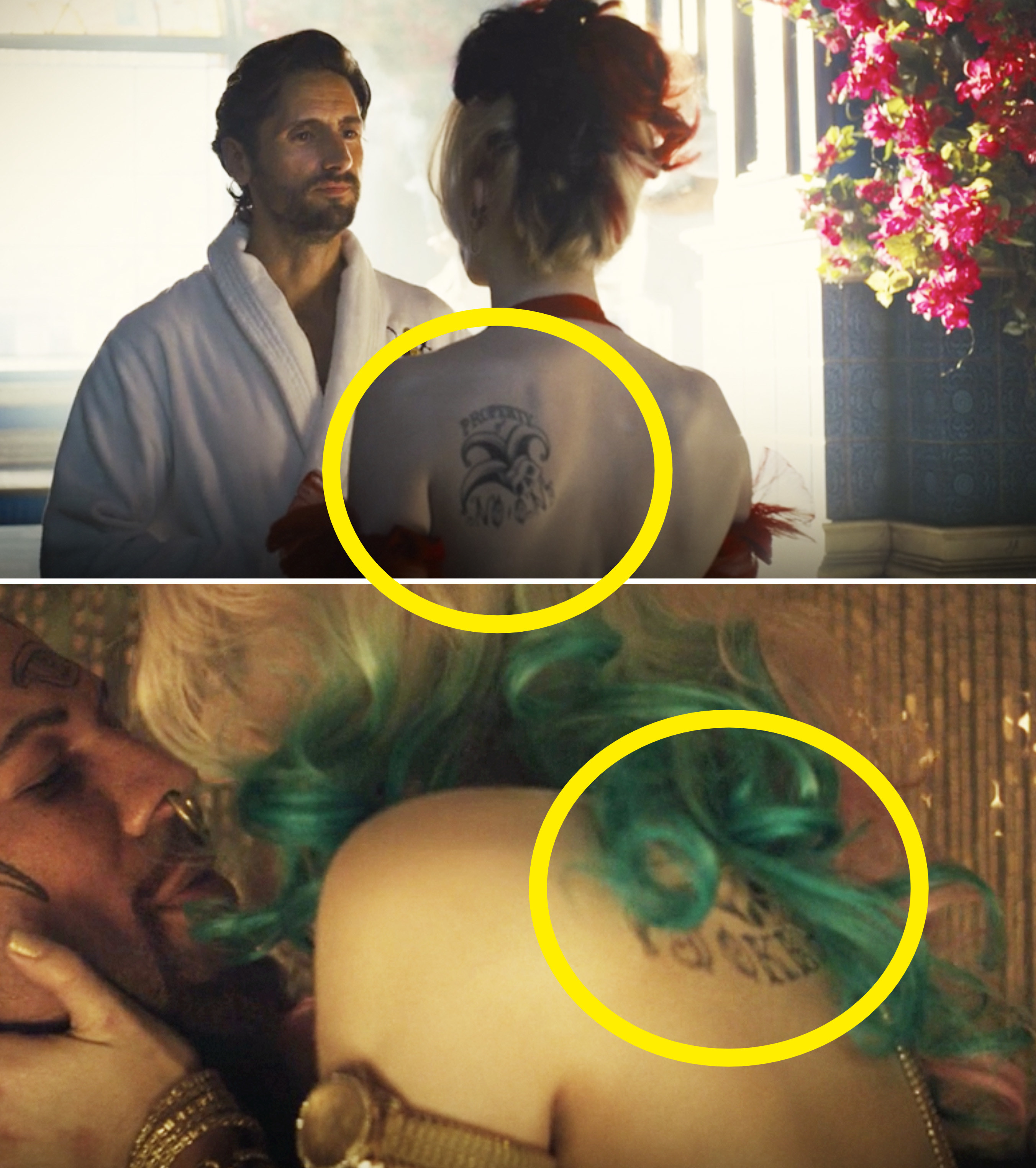 Close-ups of Harley&#x27;s back tattoo in The Suicide Squad vs Suicide Squad