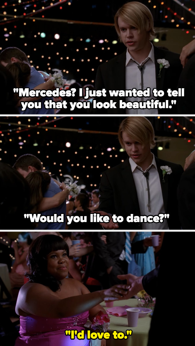 Sam tells Mercedes she looks beautiful and asks her to dance at prom