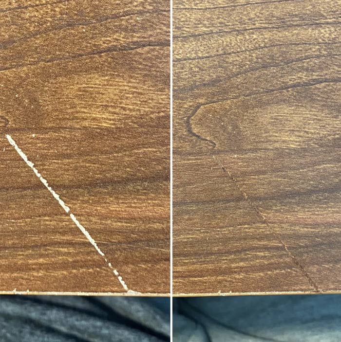 a wooden surface in a reviewer&#x27;s home with a scratch mark that is now covered up with the pen