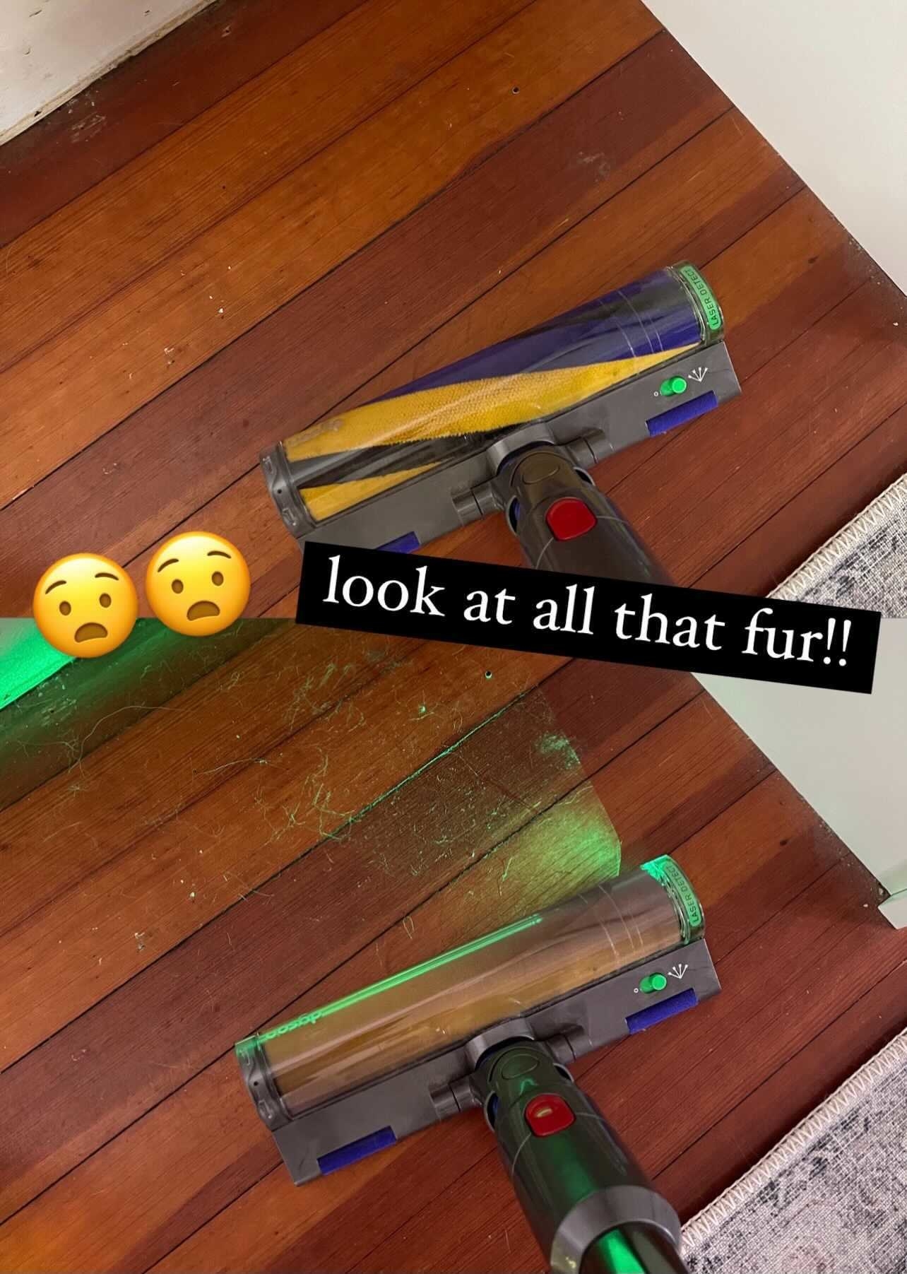 The Dyson Detect vacuum off and on in a comparison photo to show all the hidden fur, text overlay says &quot;look at all this fur&quot;