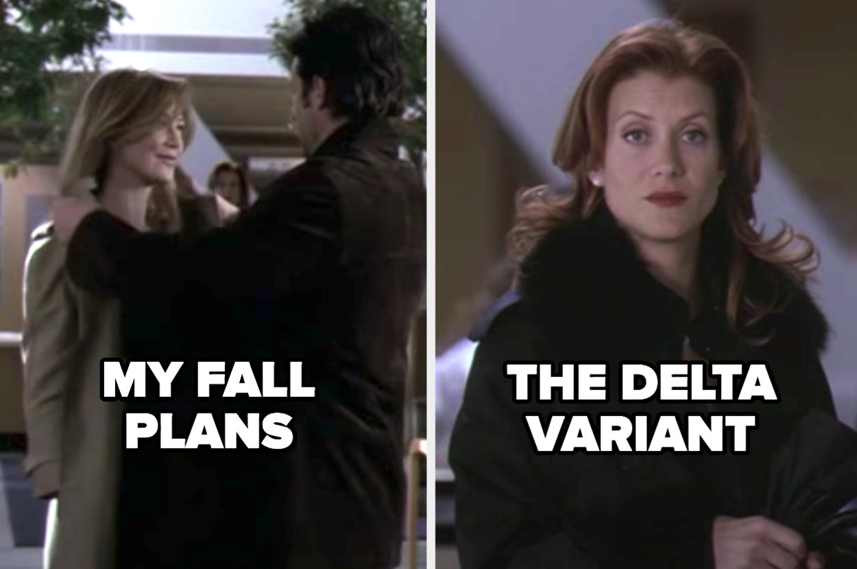 Derek helping Meredith put on her coat in Grey's Anatomy labeled "MY FALL PLANS" and Addison seeing them labeled "the delta variant"