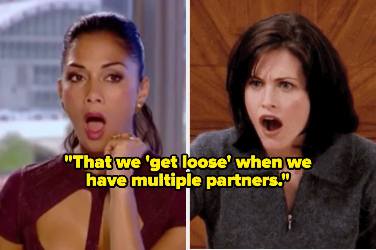 Nicole Scherzinger looking shocked and Monica from Friends looking shocked, and the words, "That we 'get loose' when we have multiple partners"