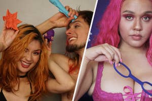 Models holding Poly Pack by Cute Little Fuckers and model holding blue silicone cuffs from All Good Puff Set by Unbound