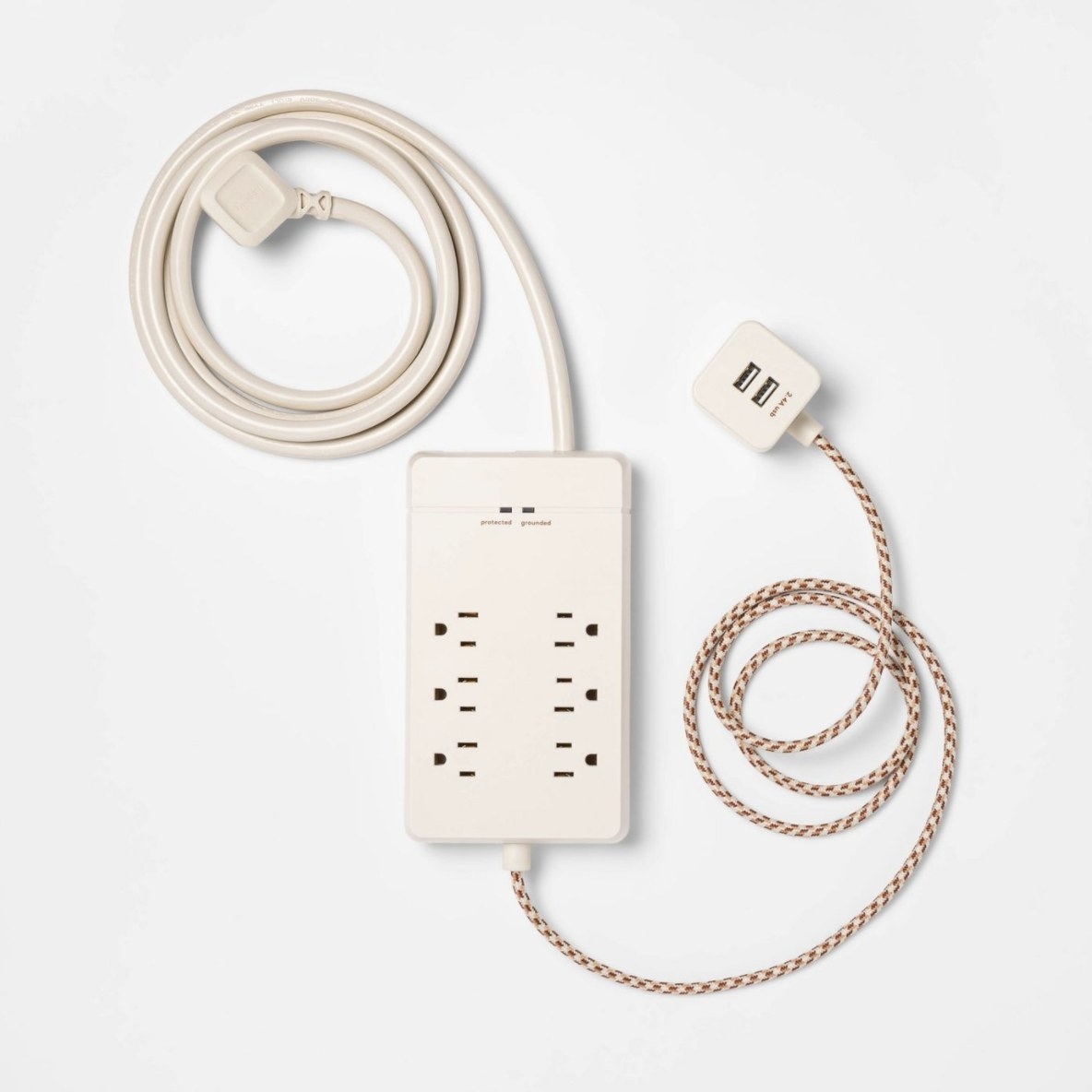 The cream extension cord has six outlet spots and a braided cord with two USB outlets
