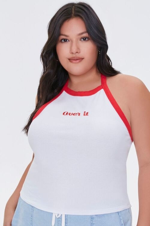 model wearing the white &quot;over it&quot; halter top